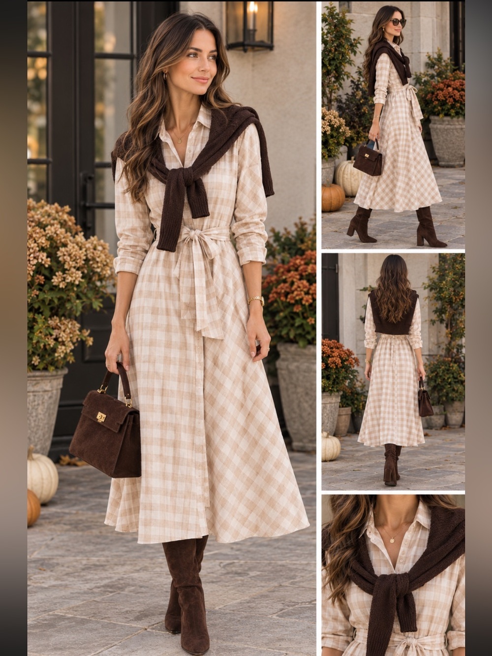 Beige Checked Tie-Waist Midi Dress by